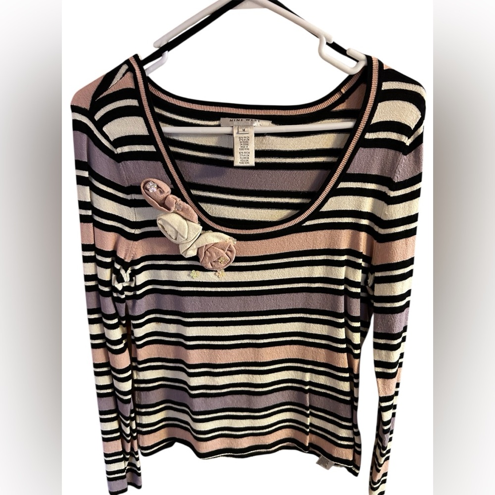 NWOT Nine West Multicolor Striped Sweater Floral Detail Medium